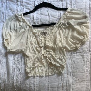 Cinched smocked puff sleeve crop top